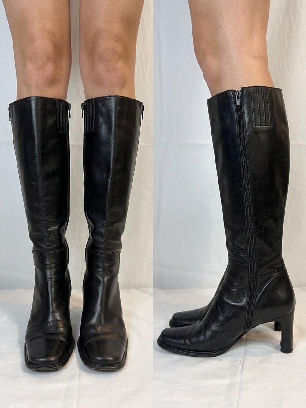 VTG Y2K Via Spiga Black Leather Knee High Boots Square Toe Heel Made In Italy 7M